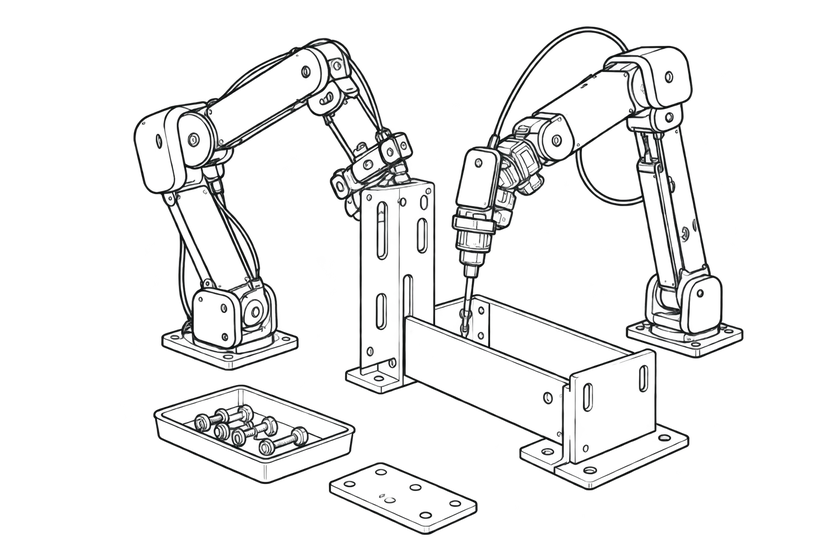 二本のアームが、部品トレイから取った金具を押さえながらねじ留めしている線画。